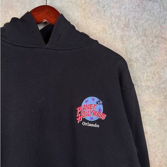Vintage 90s Planet Hollywood Hoodie Sweatshirt Mens Sz L Black Orlando Logo - Picture 4 of 7